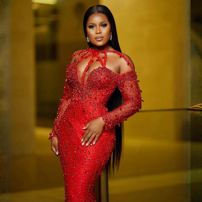 urious Aso Ebi Prom Dresses Sparkg Red Lace Mermaid Evening Dress Crystals Birthday Party Second Reception African Arabic Engagement Gowns ST465