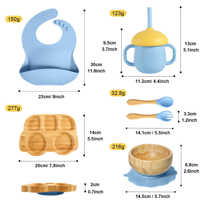 Cups Dishes Utensils Baby Stuff Bamboo Tableware Cup Bowl Plate/Tray Bibs Spoon Fork Sets Children Non-slip Feeding Free Dinnerware Dinner 230428