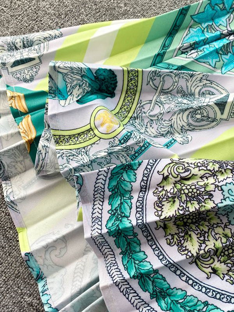 Two Piece Dress Spring Fashion Runway Midi Skirt Sets Women's Long Sleeve Contrast Color Green White Shirt and Pleated Skirts Two Piece Suit 2304