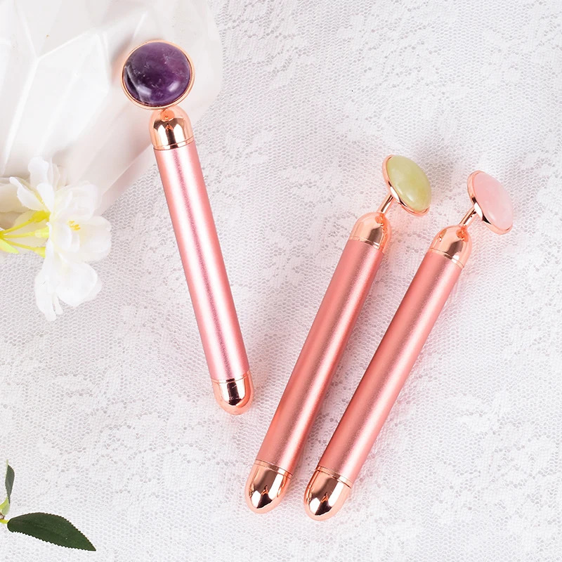 Full Body Massager Natural Stone Rose Gold Electric Roller Original Amethyst Quartz Jade Big Frequency Eye Massage Face Care Neck Detox Beauty Tool 23