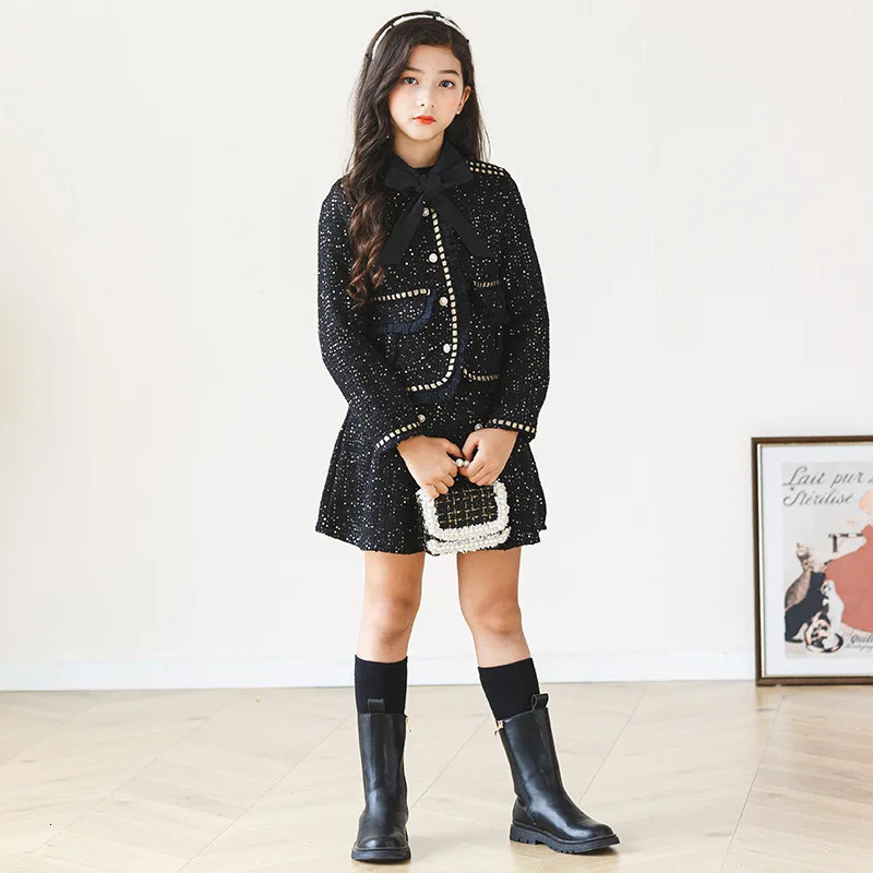 Clothing Sets Girls Princess Dress Kids Little Fragrant Coat Half Length Skirt Two Piece Teenager Show Party Child Sequins 6 16 Y 231128