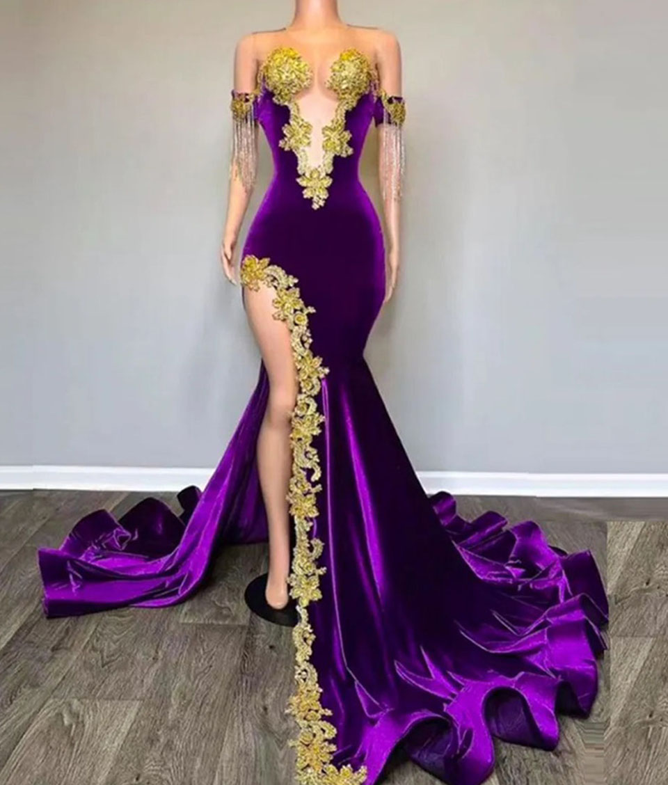 Prom Dresses Purple Party Evening Gown Formal Mermaid Satin Zipper Lace Up New Custom Sleeveless Beaded O-Neck Gold Applique Thigh-High Slits