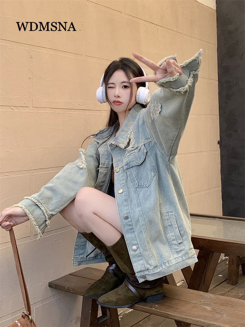 Women's Jackets WDMSNA Loose Denim Jacket Women Spring Single Breasted Casual Hole Street Jacket Top Jeans Long Sleeve Lapel Jacket Women 230428