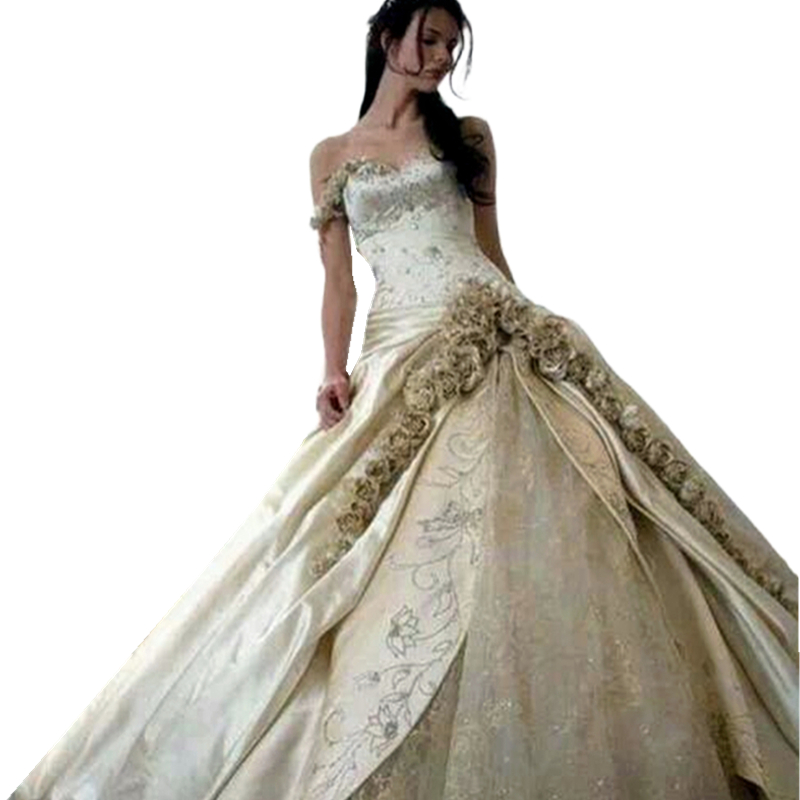 Vintage Embroidery Champagne Wedding Dress With Hand Made Flowers Off The Shoulder Long Elegant Bridal Gowns 2024 Princess Bride Dresses