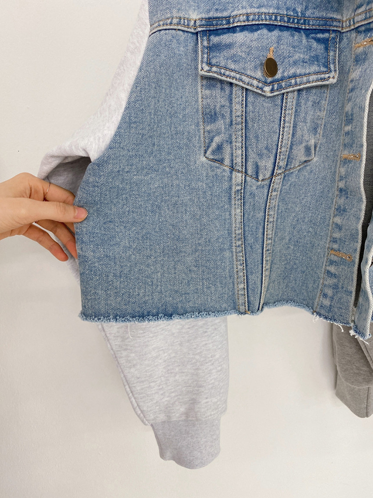 Women's Jackets GALCAUR Patchwork Denim Jackets For Women Lapel Long Sleeve Single Breasted Splcied Pockets Hit Color High Street Coat Female 230