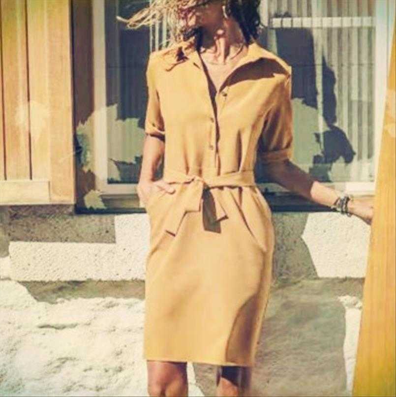 Summer Solid Dresses Color Polo Collar 3 4 Sleeve Shirt Dress Suspender
