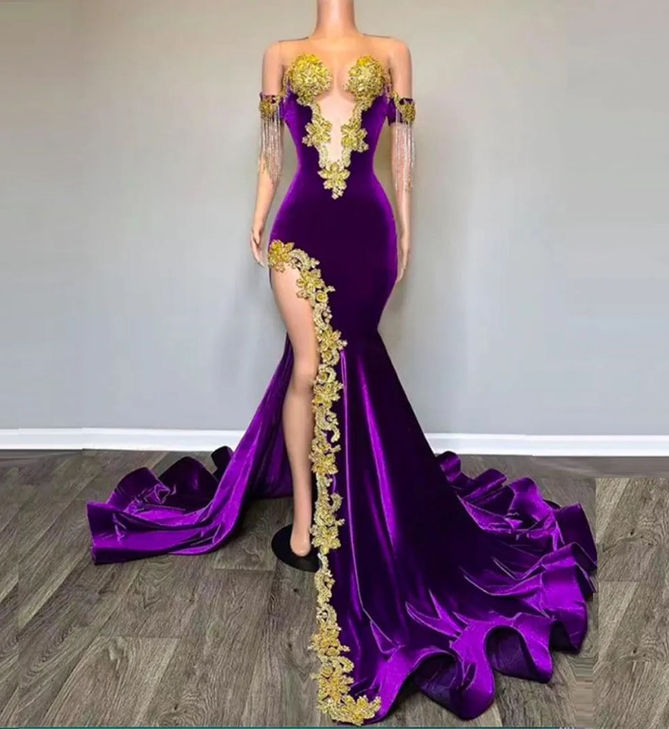 Prom Dresses Purple Party Evening Gown Formal Mermaid Satin Zipper Lace Up New Custom Sleeveless Beaded O-Neck Gold Applique Thigh-High Slits