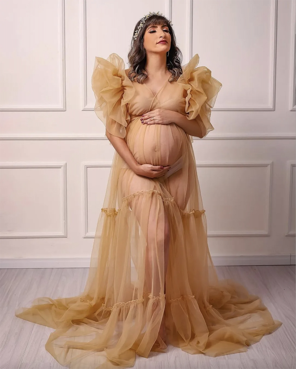 Illusion Women Sleepwear Tiered Ruffles Short Sleeve Nightdress For Pregnant Bridal Wedding Party Evening Photography Dress Wear Gowns