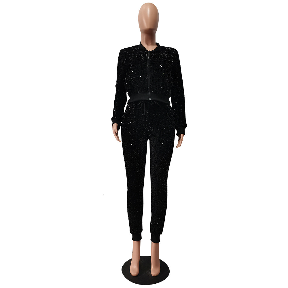 Women s Two Piece Pants Set Payet Wanita 2 Buah Jaket Crop Fly Ritsleting Beludru Solid Celana Tinggi Yang Cocok Pakaian Olahraga Musim Gugur 230427