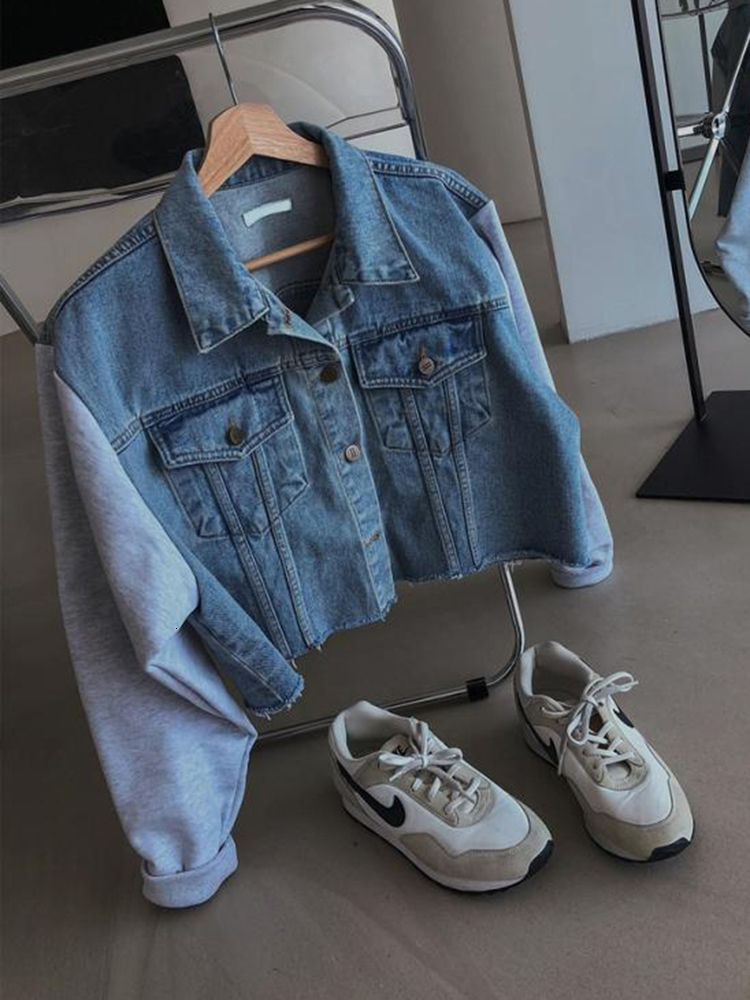 Women's Jackets GALCAUR Patchwork Denim Jackets For Women Lapel Long Sleeve Single Breasted Splcied Pockets Hit Color High Street Coat Female 230