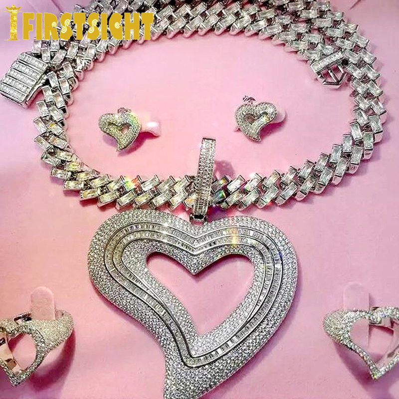 Pendant Necklaces Baru Es Keluar Besar Berongga Hati Liontin Kalung Bling Persegi Panjang CZ Kubik Zirkonia Tenis Rantai Pesona Wanita Pria HipHop l23