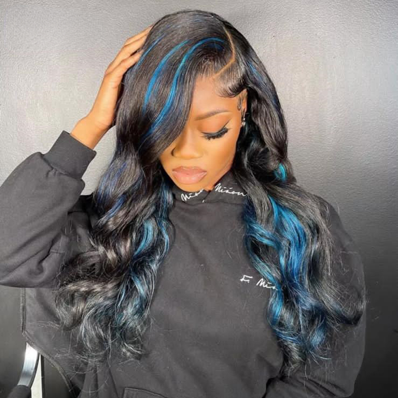 Free shipping 13X4 Front Blue Highlight Black Wigs Transparent Lace Frontal Brazilian Silation Human Hair Body Wave Wig For Women