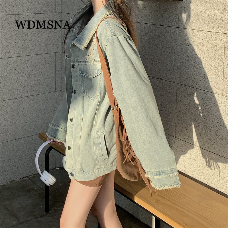 Women's Jackets WDMSNA Loose Denim Jacket Women Spring Single Breasted Casual Hole Street Jacket Top Jeans Long Sleeve Lapel Jacket Women 230428