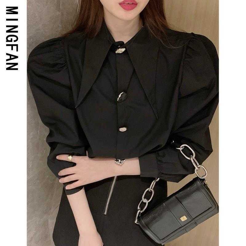 Women's Blouses Shirts QWEEK Comfort Women's Shirts Sharp Corner Lapel Fashion Lady Blouses Korean Style White All-match Long-sleeved Tops 2