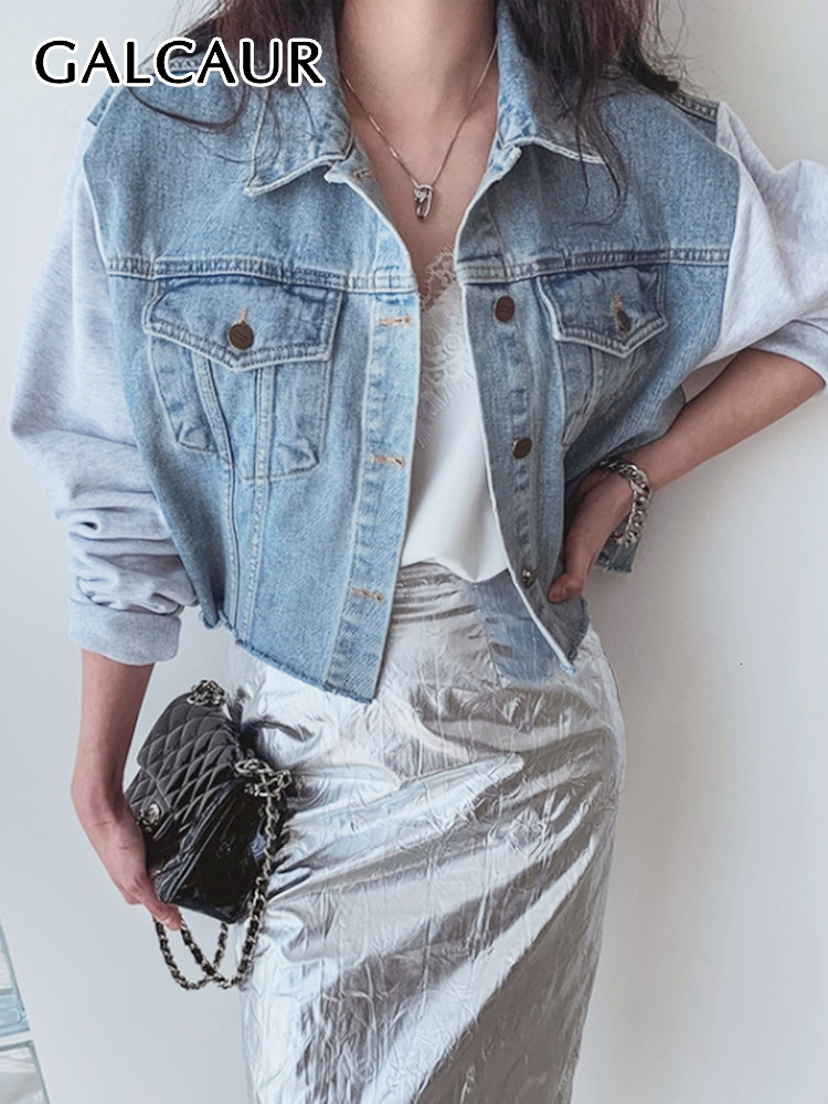 Women's Jackets GALCAUR Patchwork Denim Jackets For Women Lapel Long Sleeve Single Breasted Splcied Pockets Hit Color High Street Coat Female 230