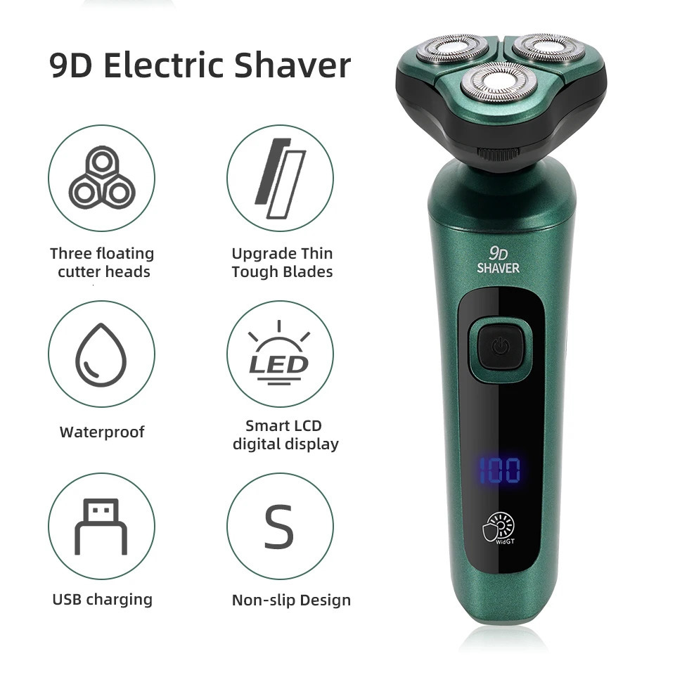 Electric Shavers Green Smart Electric Shaver LCD Digital Display Three-head Floating Razor USB Rechargeable Washing Multi-function Beard Knife 231128