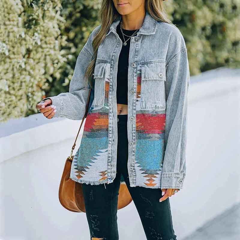 Women's Jackets Women Patchwork Denim Jacket Printed Long Sleeve Lapel Button Down Cardigan Autumn Spring Casual Coat 90s Vintage Streetwear 2304
