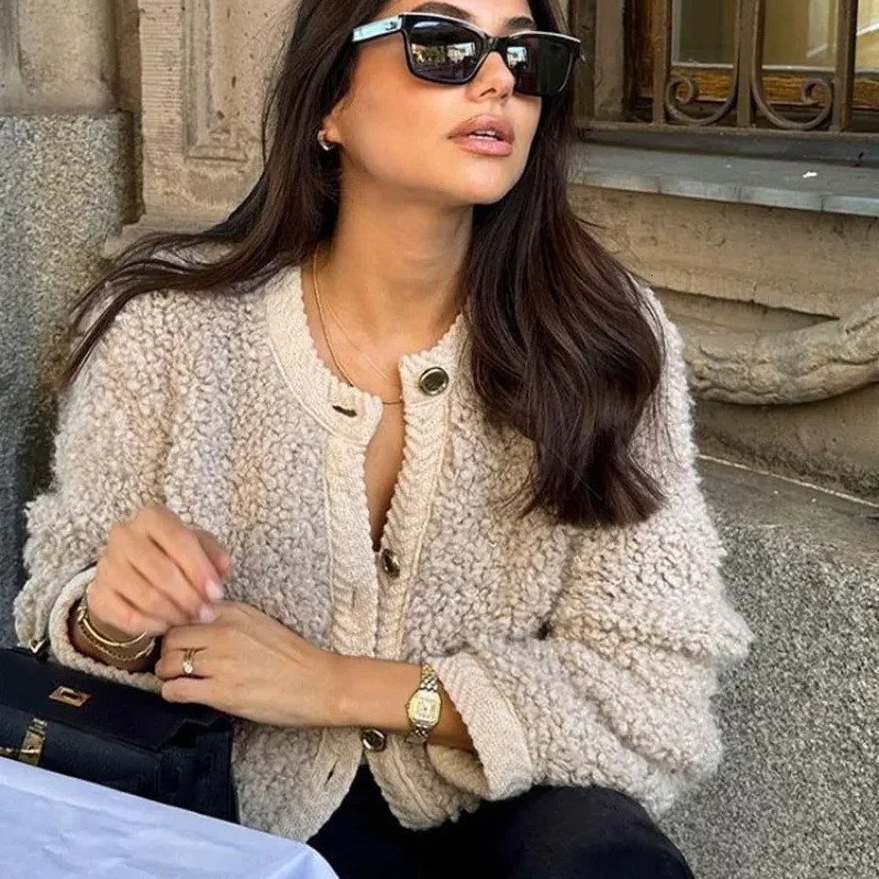 Womens Jackets LKSK Single Breasted Knitted Teddy Coats Women Casual Long Sleeve Jackets Winter Female Street Outerwear 231127