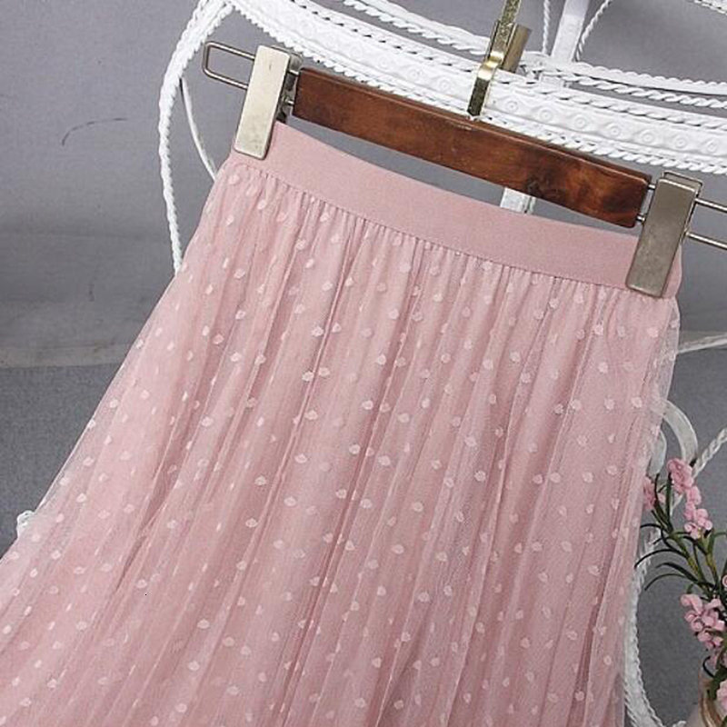Skirts Spring Elegant Lace Patchwork Mesh Midi Skirts Women Elastic waist Polka Dot print Pleated Skirt A Line Long Tulle Skirt 230428