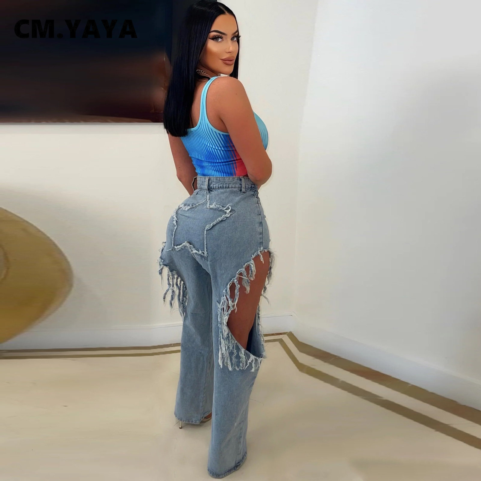 Women's Jeans CMYAYA Women Fashion Ripped Cutout Tassel Star Back Zipper Fly Straight 2023 Summer INS Street Denim Pants Trousers 230427