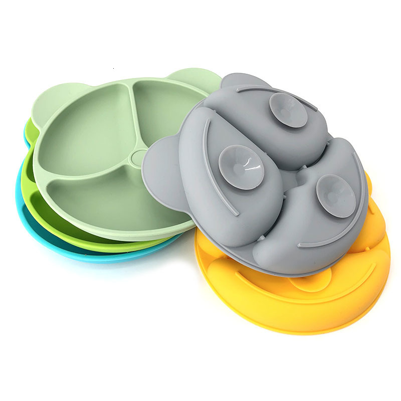 Cups Dishes Utensils 4/6Pcs Silicone Baby Feeding Set BPA Free Suction Bowl Divided Plate Wood Handle Spoon Fork Silicone Bibs Children Tableware Set 