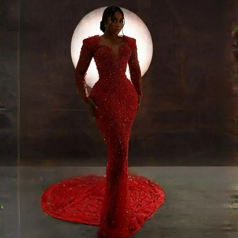 Urious Aso Ebi Prom Dresses Sparkg Red Lace Mermaid Evening Dress Crystals Birthday Party Second Reception African Engagement Gowns St452 6660306