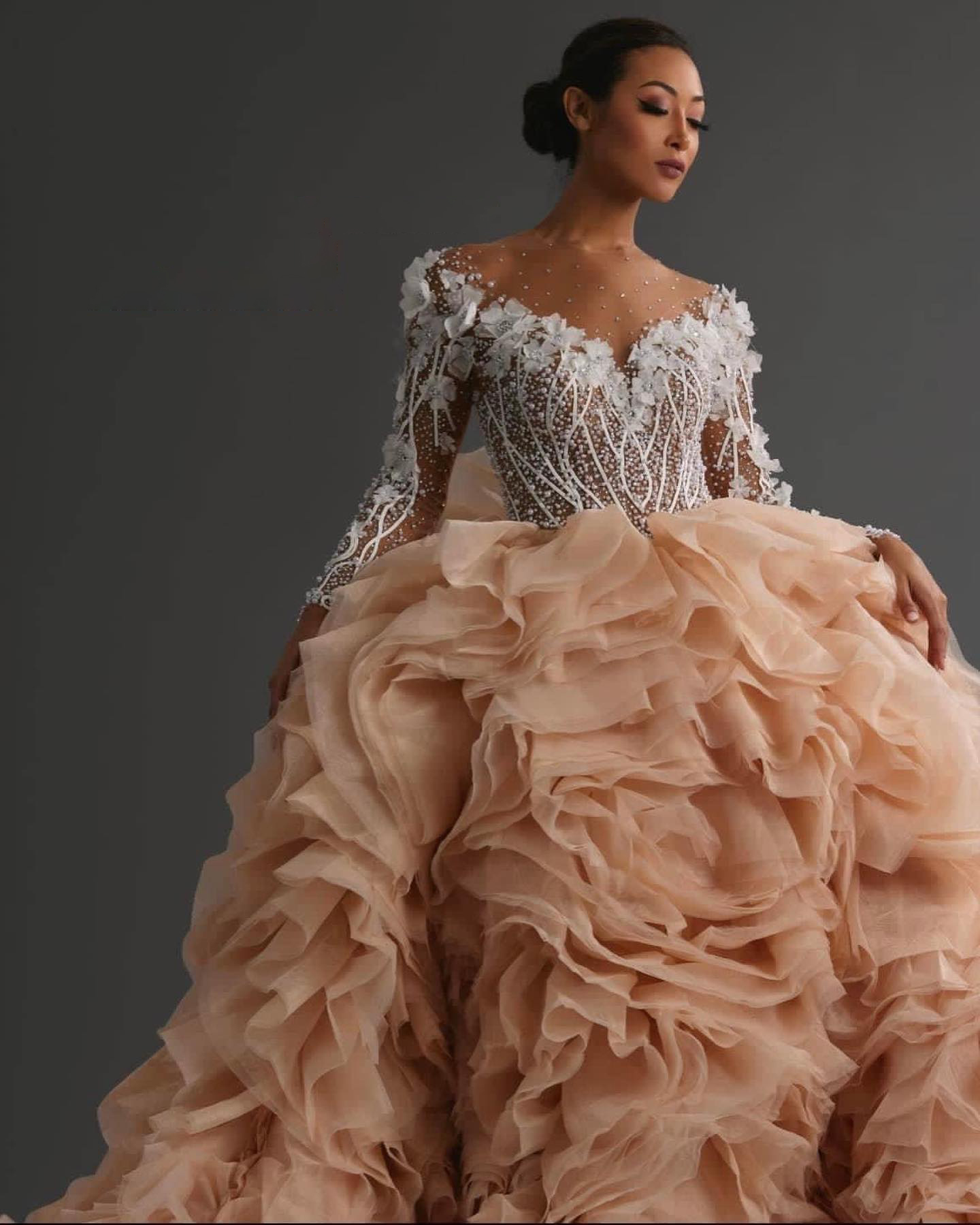 Puffy V Neck Wedding Ball Gown Off The Shoulder Dresses Full Sleeve Tiered Ruffles vestidos de novia Custom Made
