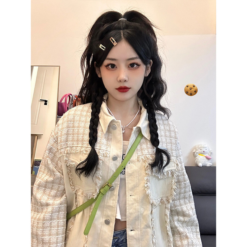 Women's Jackets Patchwork Vintage Plaid Tweed Contrast Jean Jacket Chic Vintage Denim Coat Women Spring Fall Loose Outfit Windbreaker y2k cloth 2
