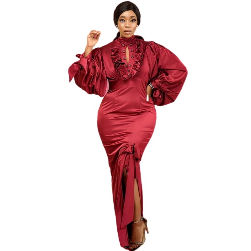 Dark Red Saudi Arabia Dubai Evening Dresses High Neck Puffly Long Sleeves Stain Prom Occasion Gown Wear Robe De Soiree