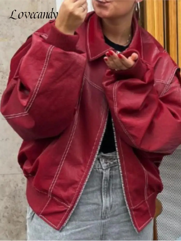 Women's Jackets Women Red Lapel Zipper Leather Cropped Coat Autumn Casual Long Sleeve Patchwork Jacket Winter Fashion Highstreet Outerwear 231128