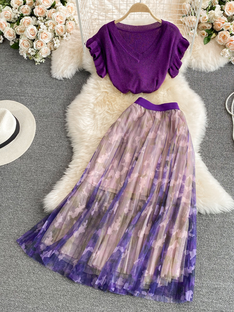 Two Piece Dress FTLZZ Summer Elegant Women Two Piece Sets V-neck Ruffled Knitted Top and Lace Mesh Floral Print Dress Casual Lady Suit 230428