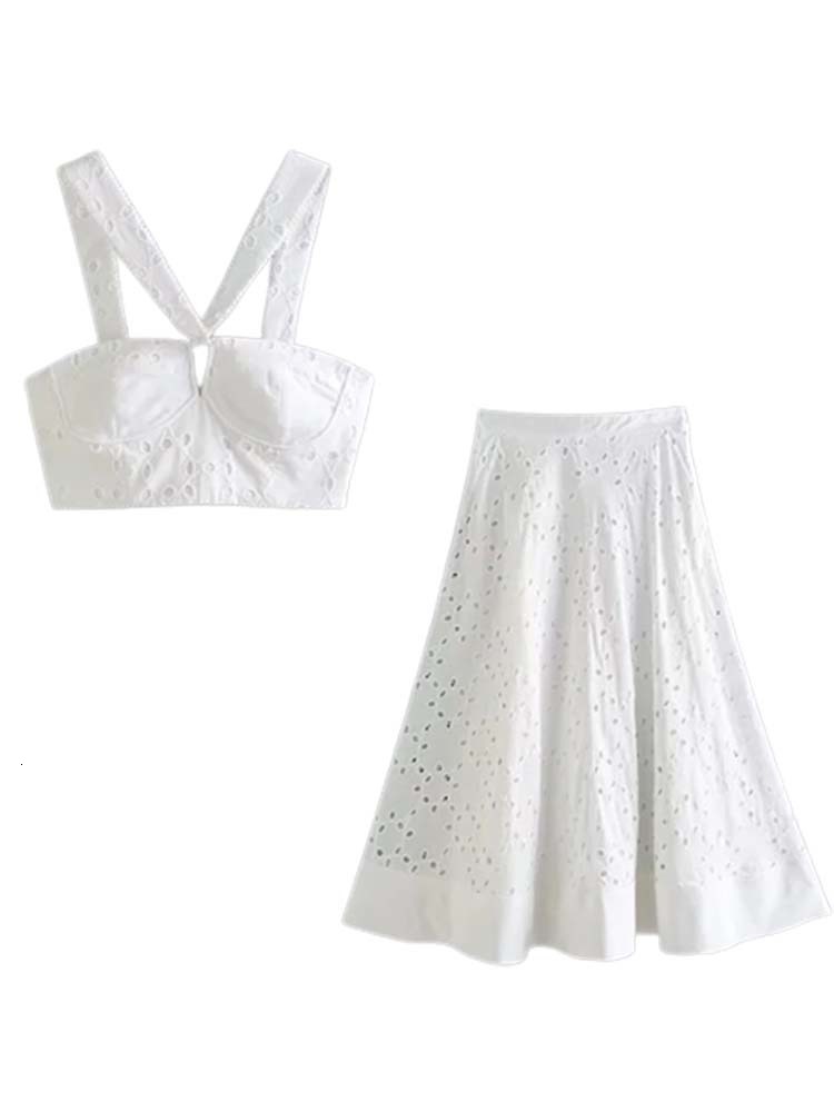 Two Piece Dress TRAF Woman Embroidery 2 Pieces Midi Skirts Sets Fashion Crop Top Women Suit Casual Skirts Two Piece Set Womens Outfits 230428