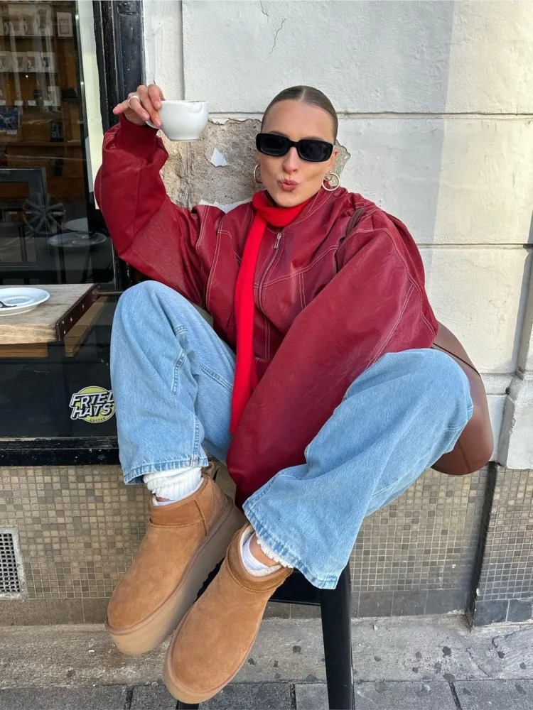 Women's Jackets Women Red Lapel Zipper Leather Cropped Coat Autumn Casual Long Sleeve Patchwork Jacket Winter Fashion Highstreet Outerwear 231128