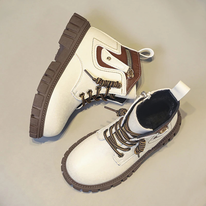 Boots Girls Boys Ankle Leather with Zipper Lace Up Outdoor Hiking Waterproof Anti Slip Durable Combat Bootie for Kids 231128