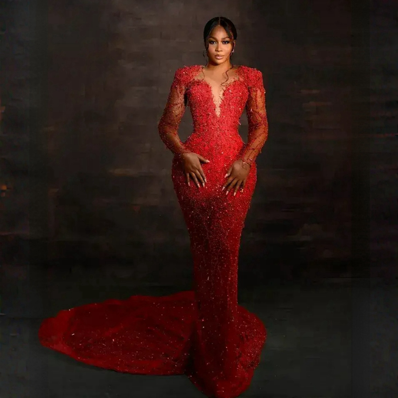Urious Aso Ebi Prom Dresses Sparkg Red Lace Mermaid Evening Dress Crystals Birthday Party Second Reception African Engagement Gowns St452 6660306