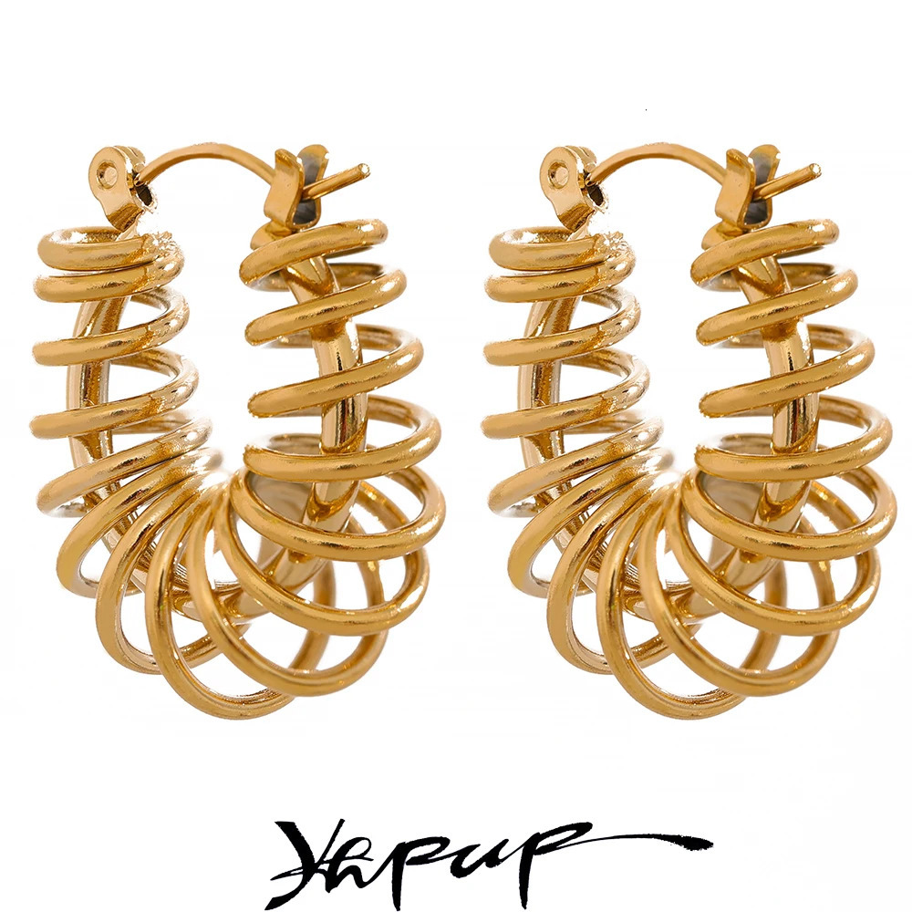 Stud Yhpup 2023 Waterproof Stainless Steel Round Hollow Geometric Unusual Hoop Earrings Metal Winding Chunky Jewelry for Women 231127