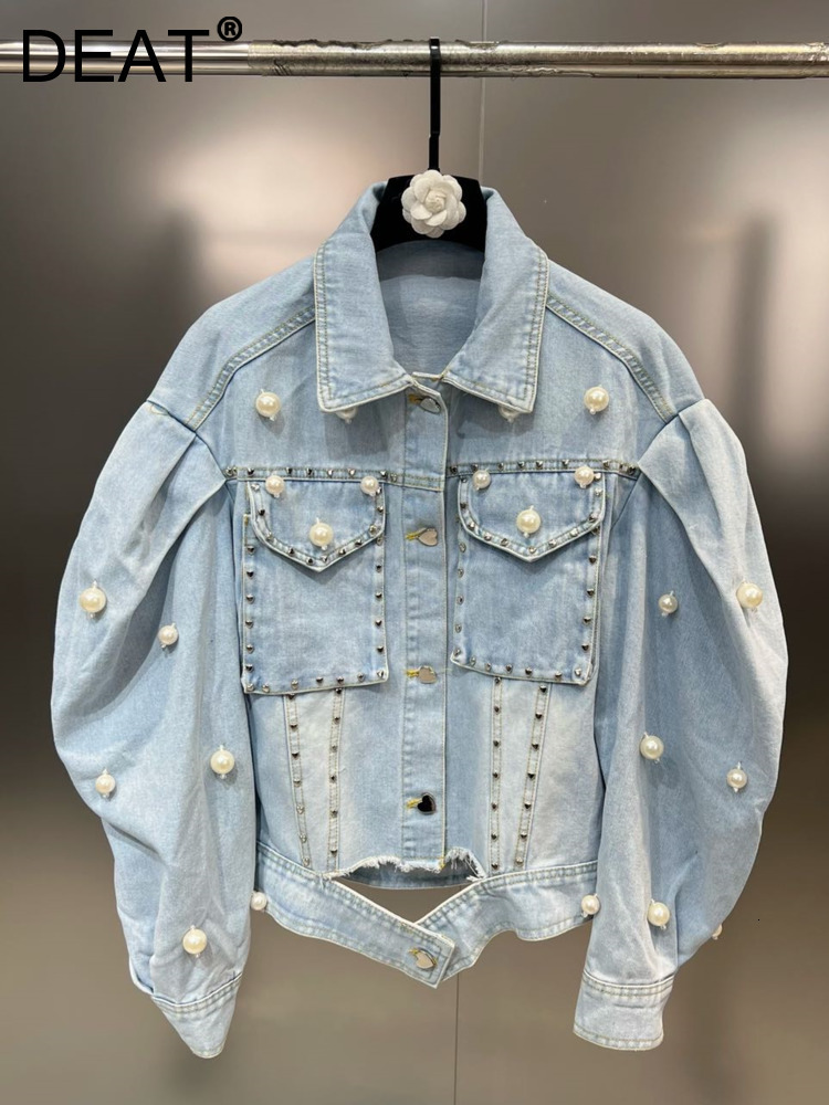 Women's Jackets DEAT Fashion Puff Sleeve Denim Coat Women's Casual High Street Pearls Patchwork Lapel Trend Jackets Female Spring 11SF6144 2