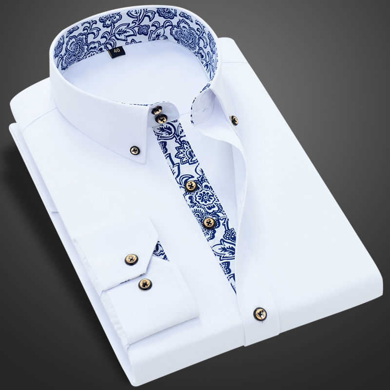 Men's Dress Shirts Blue-and-white Porcelain Collar Shirt Men Long Sleeve Korean SlimFit Casual Business Dress Shirts Solid Color White Shirt Cott