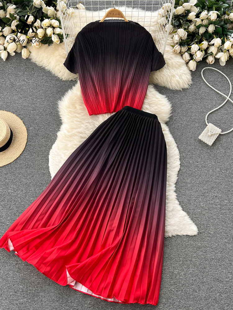 Two Piece Dress SINGREINY Pleated Gradient Women Summer Set Casual Temperament Elastic Waist Elegant Ladies A Line Chic Two Piece Sets 230428