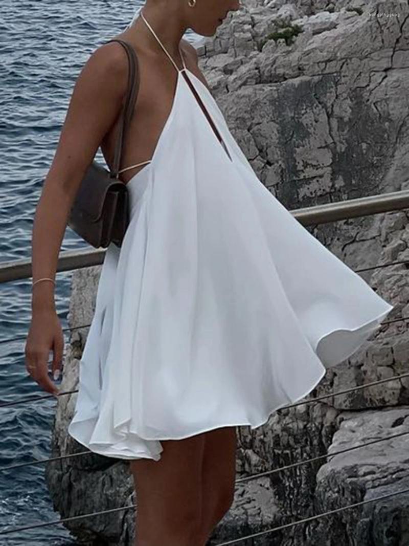 Women's Halter Neck Ruffle Mini Dress: Strapless Tie Back Hollow Out Beach Sundress
