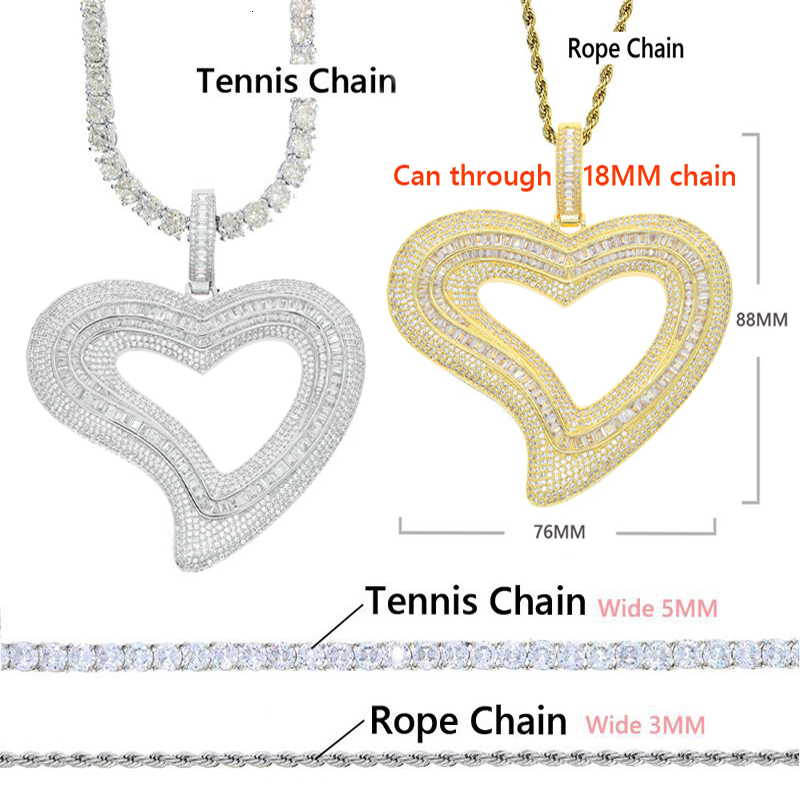 Pendant Necklaces Baru Es Keluar Besar Berongga Hati Liontin Kalung Bling Persegi Panjang CZ Kubik Zirkonia Tenis Rantai Pesona Wanita Pria HipHop l23