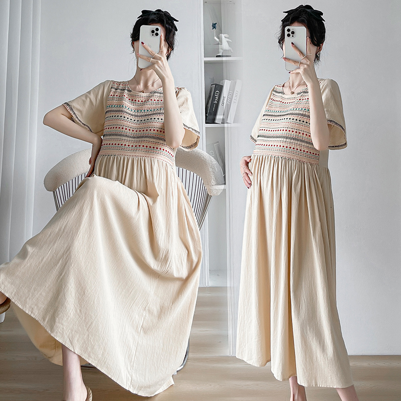 Maternity Dresses 609# Summer Vintage Embroidery Patchwork Maternity Long Dress Elegant Loose Clothes for Pregnant Women Pregnancy Casual Wear 230428C
