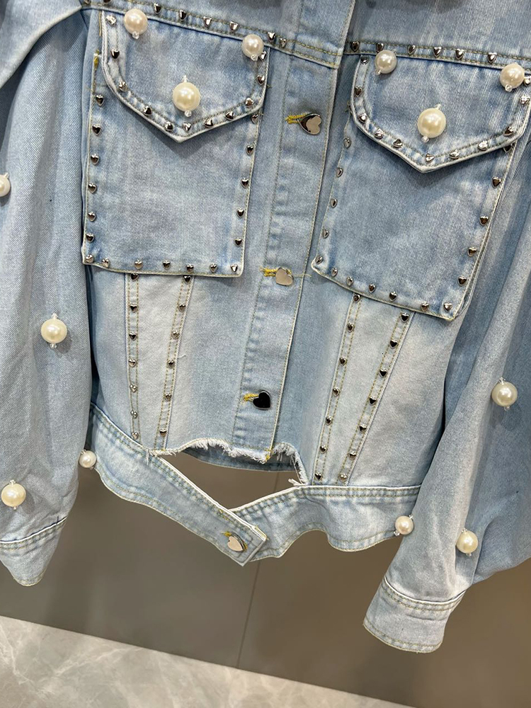 Women's Jackets CHICEVER Patchwork Pearls Denim Jackets For Women Lapel Puff Sleeve Single Breasted Hollow Out Casual Jacket Female Spring 230428
