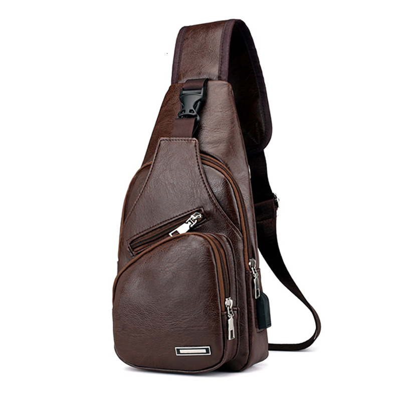 External Frame Packs Men Sport Chest Bag Vintage PU Zipper Open Crossbody with Earphone Holes Casual Fashion Men's 230427