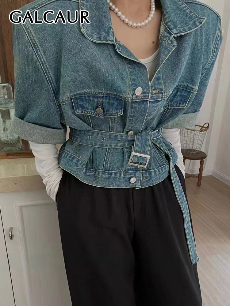 Women's Jackets GALCAUR Vintage Tunic Denim Jackets For Women Lapel Half Sleeve Single Breasted Bandage Solid Folds Coat Female Spring Clothing 2