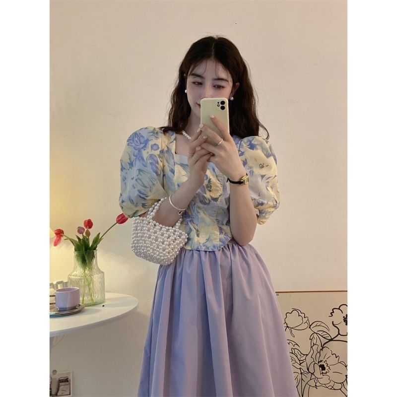 Two Piece Dress Women's Sweet Romantic Purple Two Piece Dress Set Summer Korean Lady Graceful Puff Sleeve Square Collar Tops Skirts Outfits 23042