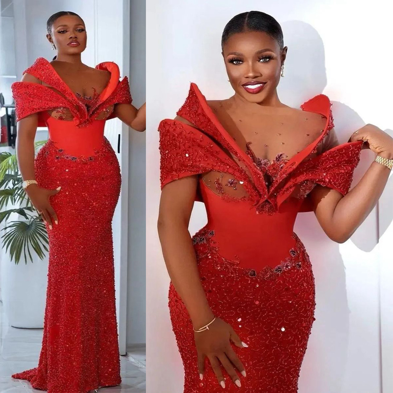 2023 Aso Ebi Prom Dresses Sparkg Red Lace Mermaid Evening Beaded Birthday Party Second Reception Dress African Engagement Pageant Black Women Gowns ST