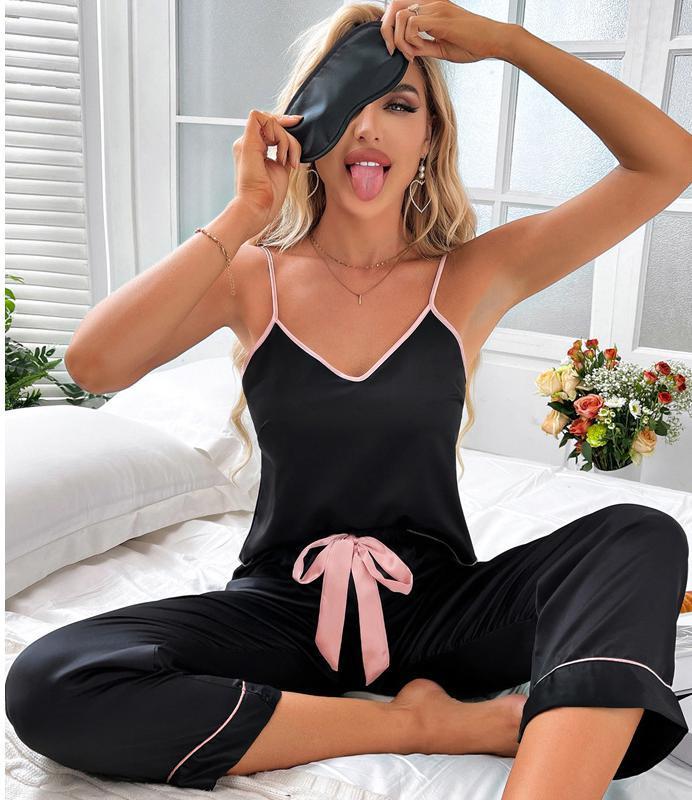 Women's Sleepwear Black Strap Top Pants Sleep Set WOMEN 2PCS Pajamas Suit Home Clothes V-Neck Sleepwear Intimate Lingerie Summer Satin Pyjamas 23