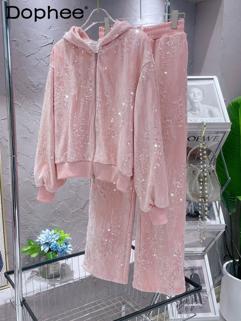 Women s Two Piece Pants Mode Setelan Kasual Merah Muda untuk Wanita Musim Gugur Dingin Baru Kaus Bordir Mutiara Celana Olahraga Set Dua Potong 230427