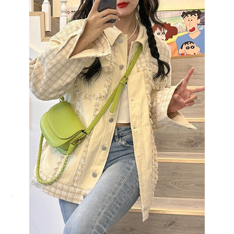 Women's Jackets Patchwork Vintage Plaid Tweed Contrast Jean Jacket Chic Vintage Denim Coat Women Spring Fall Loose Outfit Windbreaker y2k cloth 2